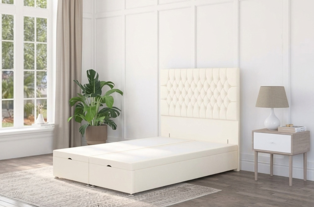 A cream ottoman bed with a classic chesterfield headboard displayed in a modern interior. 
